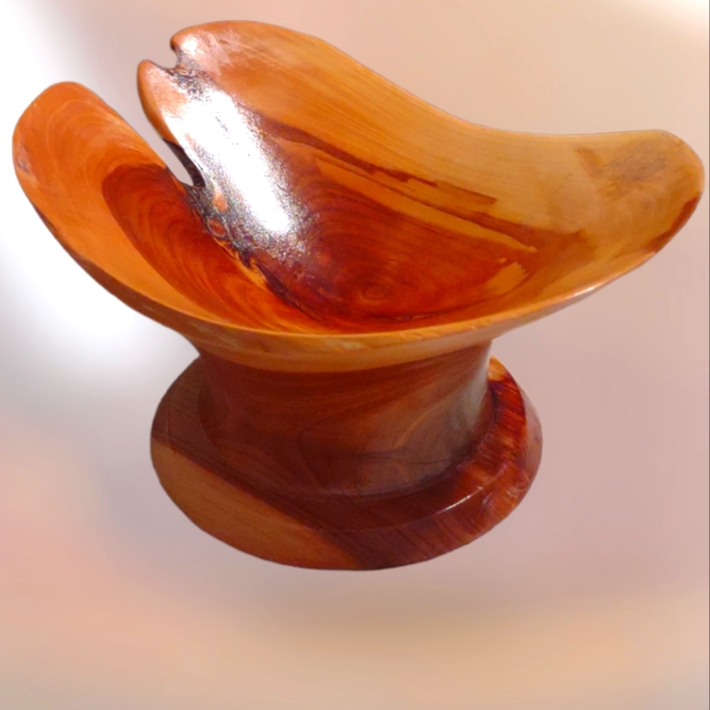 Cherry Wood Homemade Pedestal Bowl, Signed 2006